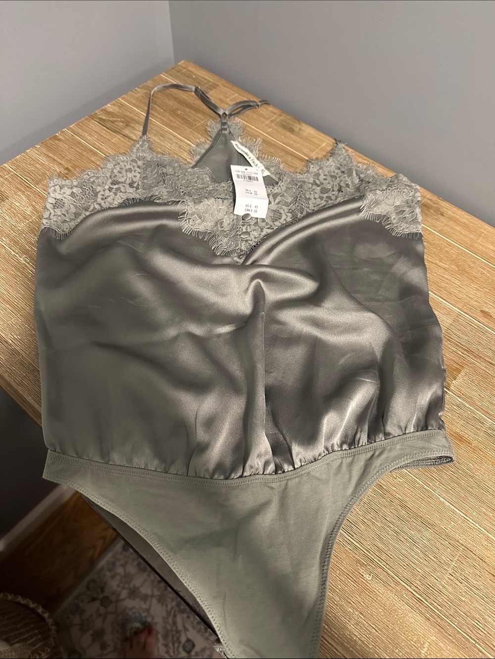 Abercrombie & Fitch Silver-Gray Satin Lace Trim Bodysuit